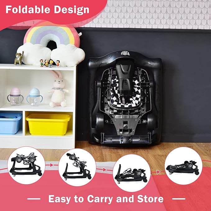 BABY JOY 4-in-1 Baby Walker, Foldable Activity Walker with Adjustable Height & Speed, Music, Lights, Anti-Rollover, Toddler Push Walker, Baby Walker with Wheels for Boys Girls 6-18 Months (Black)-CubbioJoy