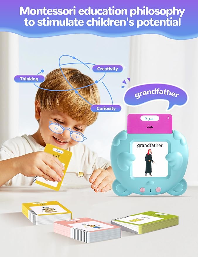 Arabic and English Talking Flash Cards for Toddlers, 510 Sight Words Bilingual Learning Toys for Children, Autism Pocket Speech Therapy Toys, Arabic Vocabulary Educational Flashcards-CubbioJoy