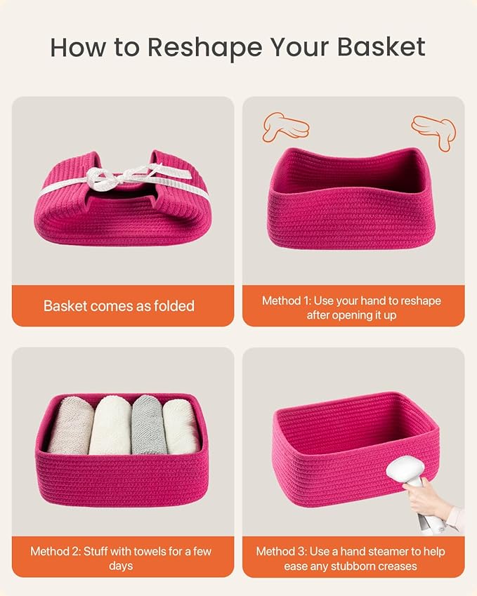 KALLAX Small Woven Basket, 12 x 8 x 4.5 Inches, Storage Basket for Organizing, Cute Small Rope Shelf Closet Cube Storage Bins Baskets for Shelves, Dog Toy Gift Baskets Empty, 3 Packs, Hot Pink-CubbioJoy