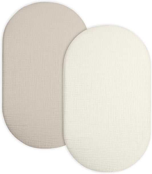 Bassinet Sheet for Baby Boy and Girl 2 Pack, Fitted Sheets for Rectangle, Oval, Hourglass Bassinet Mattress, Muslin Moses Basket Sheets with Neutral Style (Beige & Cream)-CubbioJoy