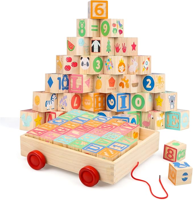 Joqutoys Wooden Building Blocks for Toddlers 1-3, Large Wood Baby Stacking Blocks Set for Kids, 30 PCS Alphabet Blocks with Toy Wagon, Educational Wooden Toys for Boys Girls Gifts 1.65"-CubbioJoy