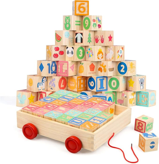 Joqutoys Wooden Building Blocks for Toddlers 1-3, Large Wood Baby Stacking Blocks Set for Kids, 30 PCS Alphabet Blocks with Toy Wagon, Educational Wooden Toys for Boys Girls Gifts 1.65"-CubbioJoy