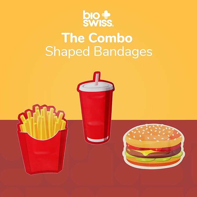 BioSwiss Bandages, Combo Meal Shaped Self Adhesive Bandage, Latex Free Sterile Wound Care, Fun First Aid Kit Supplies for Kids, 50 Count-CubbioJoy