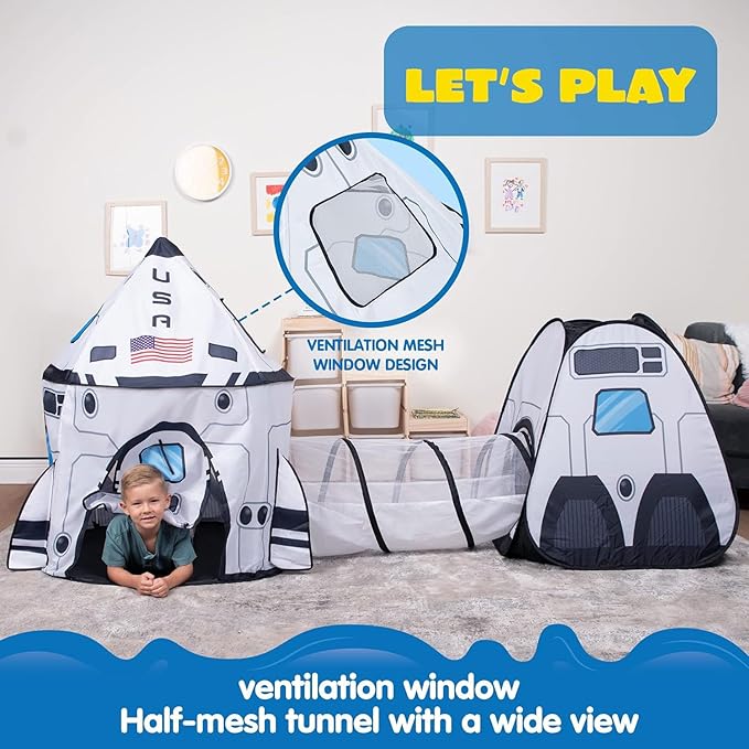 JOYIN White Rocket Ship Pop up Play Tent with Tunnel and Playhouse Kids Indoor Outdoor Spaceship Tent Set-CubbioJoy