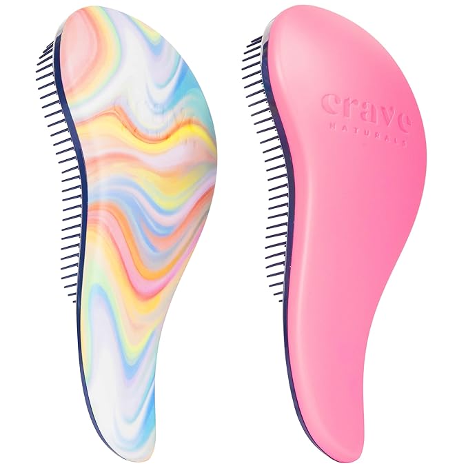 Crave Naturals Glide Thru Detangler Brush Pack of 2 - Curly Hair Brush for Women and Kids - Wet and Dry Comb for Adults - Soft Flexible Bristles for Gentle Use - Pink and Soft Hazy Swirl-CubbioJoy