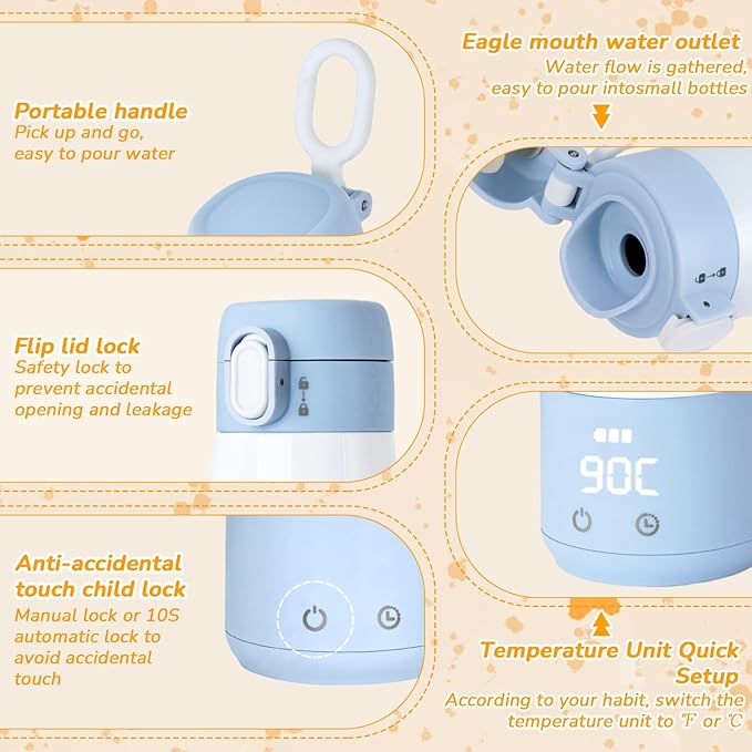 BEBOAN Portable Bottle Warmer for Travel On The Go, Portable Milk Warmer 5-Temp Setting with Lock 12oz Large Capacity, Cordless for Heating Breast Milk Charging with 55w Charger to Get Fast Charging-CubbioJoy