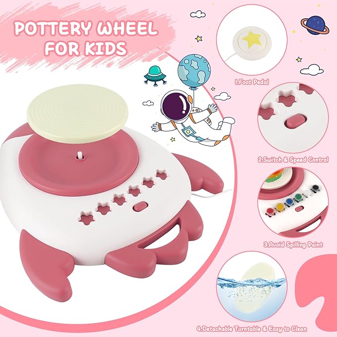 deAO Pottery Wheel for Kids Complete Painting Set for Beginners Mini Pottery Wheel Kit with Air Dry Clay Tools, Arts & Crafts Clay Wheel Toys Birthday Gifts for Girls Boys Age 3+ (Red)-CubbioJoy
