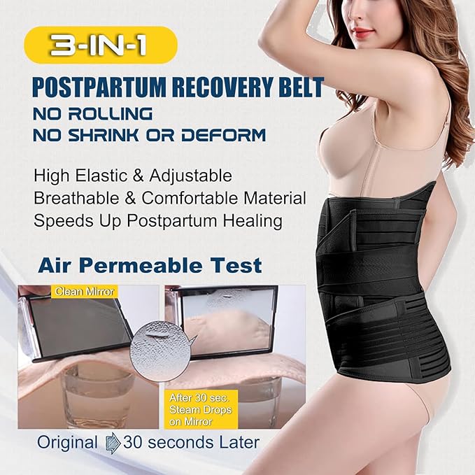 ChongErfei 3 in 1 Postpartum Belly Wrap - Recovery Belly/Waist/Pelvis Belt Black Postpartum Belly Band,Black L-CubbioJoy