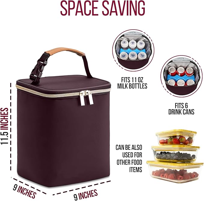 BreastMilk Cooler with Ice Packs and Tote Bags for Nursing, Large Capacity, Waterproof, Fits 9 Baby Bottles Up to 11 oz, Dark Brown-CubbioJoy