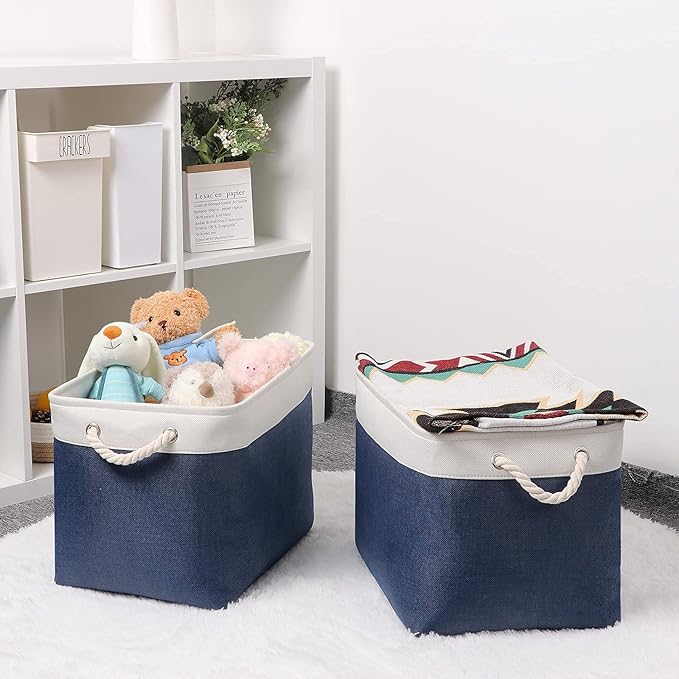 Bidtakay Fabric Storage Baskets with Handles for Organizing 16" x 11.8" x 11.8" Navy Blue Baskets [2-Pack] Shelf Baskets Large Canvas Collapsible Bins for Closet (White&Blue)-CubbioJoy