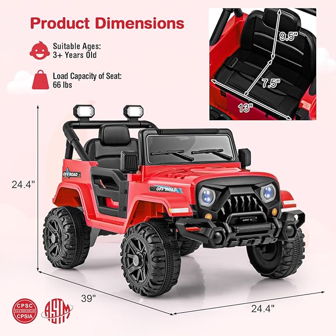 Costzon 12V Kids Ride on Truck Car, Electric Vehicle w/Remote Control, Threaded Wheels, 3 Speeds, LED Lights, Music, Horn & Wireless Connection, Battery Powered Ride on Toy for Boys & Girls 3+ (Red)-CubbioJoy