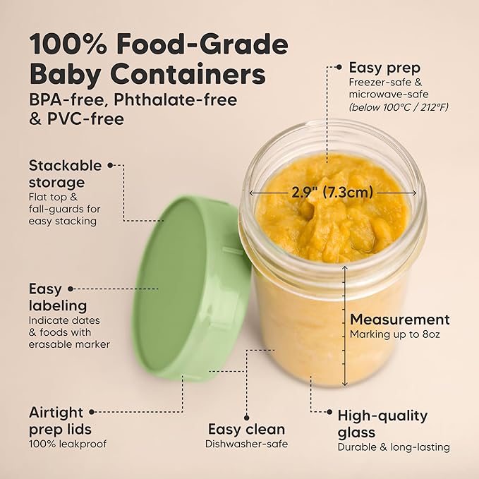 KeaBabies 4pk 8oz Glass Baby Food Containers with Lids - Leak-Proof, Microwavable Small Glass Jars, Baby Purees & Toddler Snack Storage Containers, BPA-Free, Dishwasher & Freezer Safe (Nord)-CubbioJoy