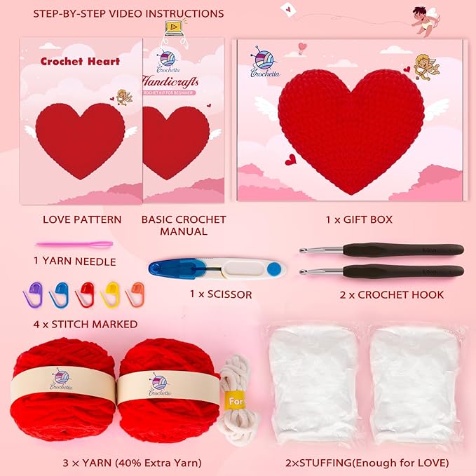Crochetta Crochet Kit for Beginners, Crochet Kit w Step-by-Step Video Tutorials, Crochet Starter Kit Learn to Crochet Kits for Adults Kids Beginners, Heart Crochet Kit-CubbioJoy