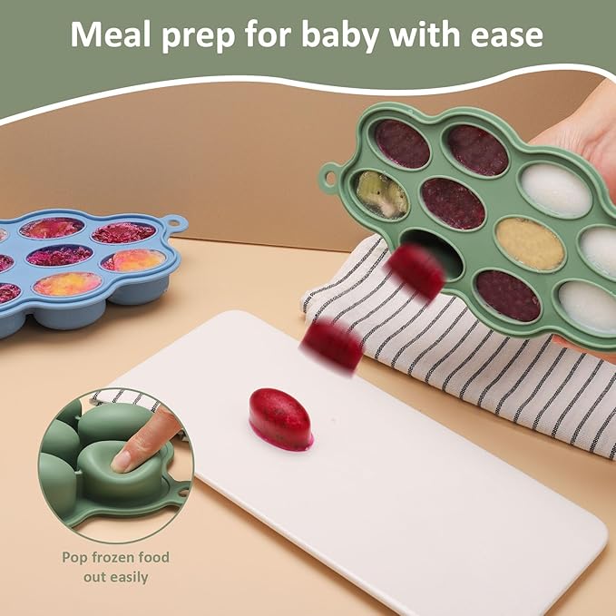 Baby Food Storage Container 2 Pack Silicone Freezer Tray Breast Milk Molds for Homemade Baby Food, Fruit Purees, Vegetable - Keep Your Baby's Meals Fresh and Safe (Matte Blue + Green)-CubbioJoy