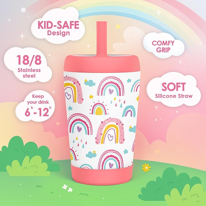 Kid Insulated Stainless Steel Tumbler with Silicone Straw, 12oz Sippy Cup for Kids (Sweet Rainbows)-CubbioJoy