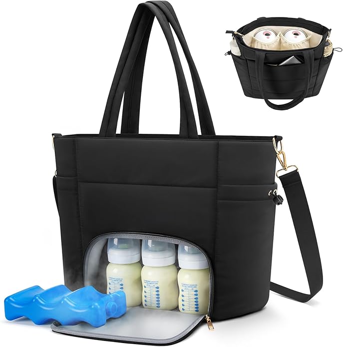 Diaper Bag Tote for Working Mom, Breastmilk Cooler Bag with Insulated Compartment, Breast Pump Tote Bag with Ice Pack for Cooler & 15‘’ Laptop Sleeve, Baby Bottle Cooler bag for Nursing, Work, Travel-CubbioJoy
