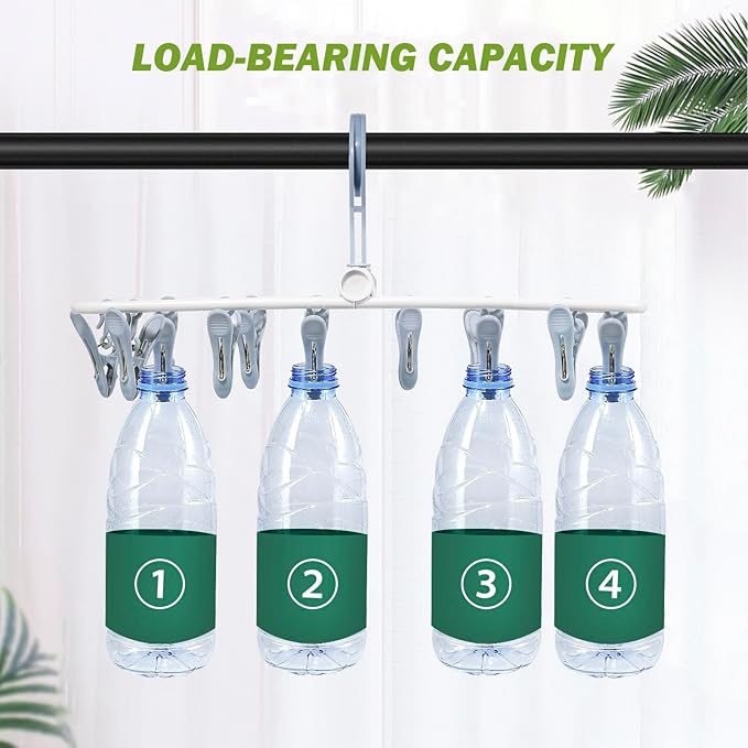 Clothes Drying Hanger with 12 Clips, 2 Pack Folding Portable Hanging Drying Rack,Drip Foldable Hanging Rack, 360° Rotatable Hook for Drying Towels Bras Baby Clothes Gloves Plastic(Blue&Green)-CubbioJoy