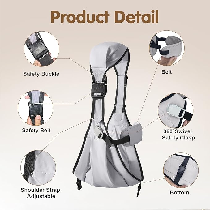Baby Sling Carrier,Toddler Carrier, 2025 New Baby Sling with Waist Harness,Portable and Lightweight Sling,Non-Slip Hip Seat Carrying 25-60lbs(Grey)-CubbioJoy