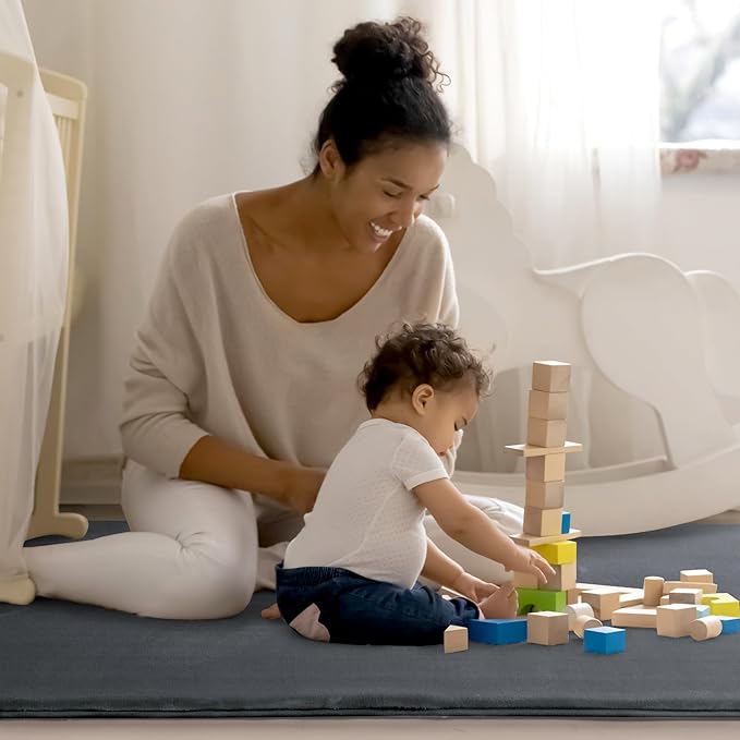 BALAPET Thick Memory Foam 50x50 Play Mat for Playpen, Super Soft Velvet Portable Baby Playpen Mat for Kids Toddler Crawling and Play, Non-Slip Bottom Playmat, Dark Grey-CubbioJoy