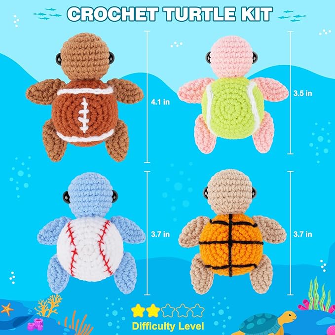 Crochet Kit for Beginners -4 PCS Turtle Crochet Kit with Step-by-Step Video Tutorials, Beginner Crochet Kits for Adults, Animal Crochet Turtle Ball Games Set-CubbioJoy