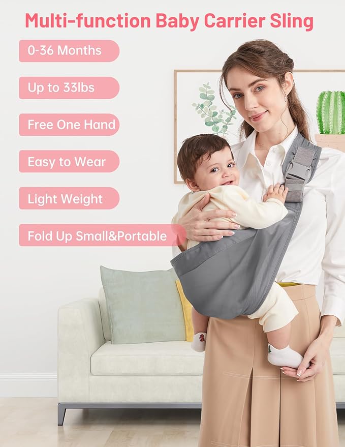 Baby Sling Carrier, Pure Cotton, Ergonomically Adjustable Baby Carrier Newborn to Toddler, Easy to Use, Portable, Ideal for 0-36 Months, Up to 33 lbs (Grey)-CubbioJoy