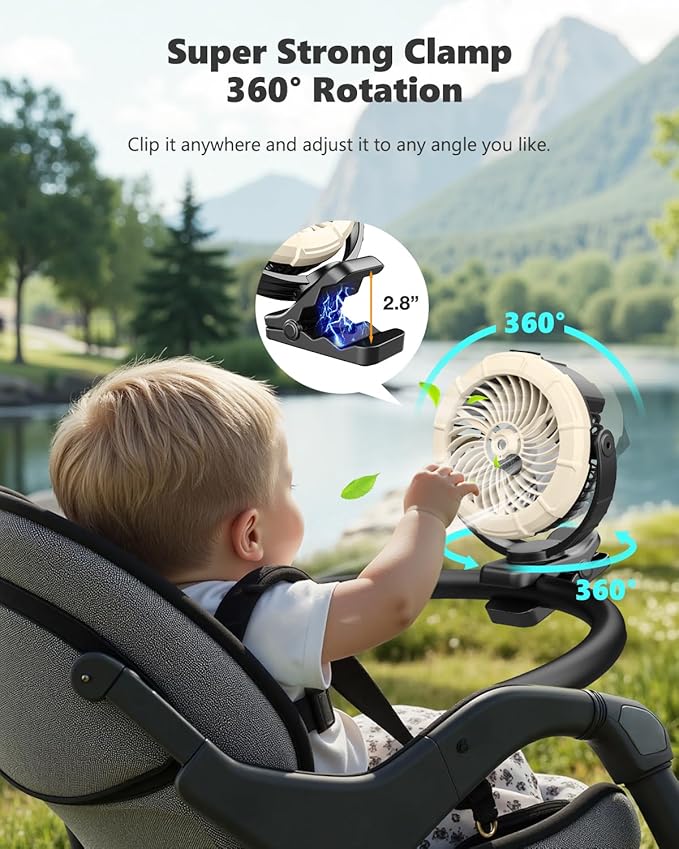 Ausic 3-in-1 Portable Clip on Fan with Misting & LED Lights & Hook, 100ML Baby Stroller Fan, 5200mAh Rechargeable Battery Operated & 360° Rotation & 3 Speeds for Table Outdoor Travel Camp Golf Cart-CubbioJoy