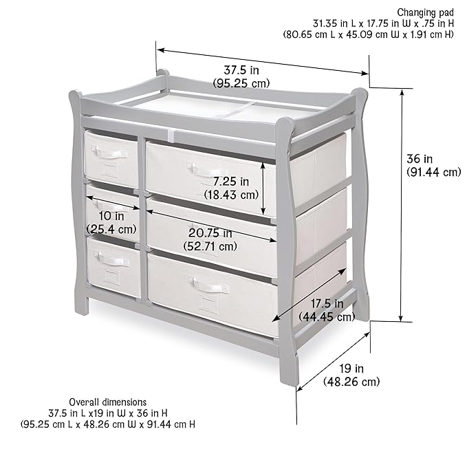 Badger Basket Sleigh Style Baby Changing Table - Diaper Station with 6 Removable Storage Baskets, Safety Rails, Pad, and Belt - Nursery Organizer - Cool Gray-CubbioJoy