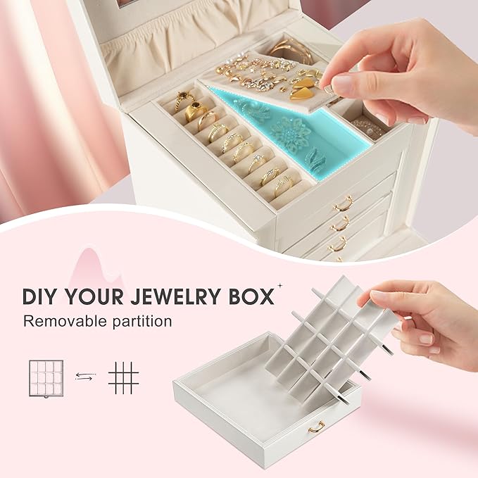5-Layer Jewelry Box with 4 Drawers, Huge Portable Jewelry Organizer with Lock and Mirror for Women, for Necklace Ring Earring Bracelet Storage, Lockable Jewelry Case, White-CubbioJoy