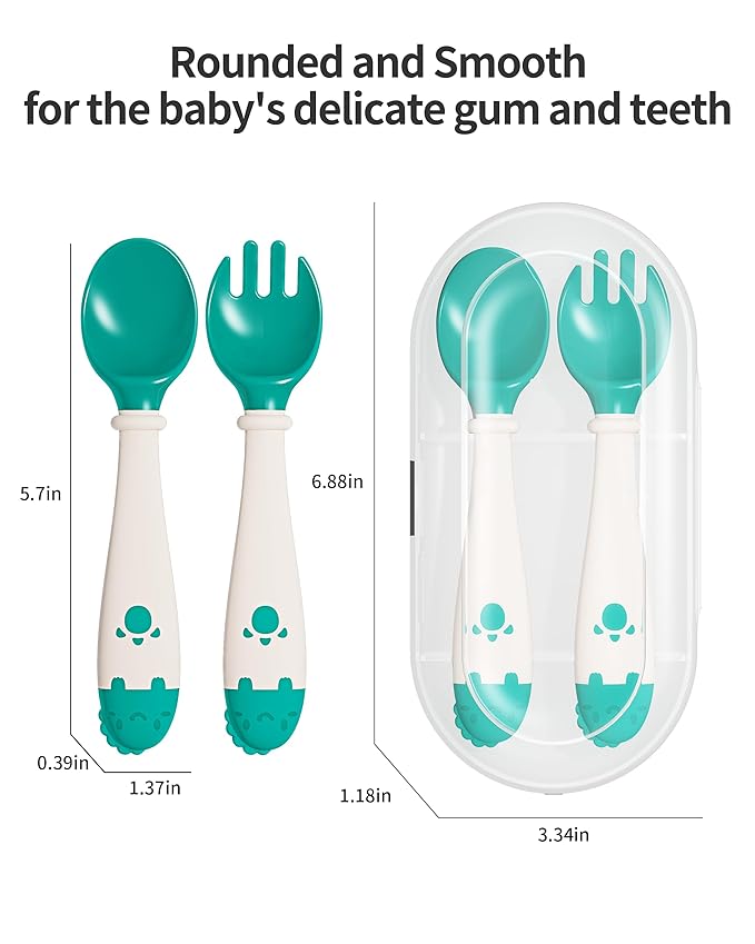 Deejoy Toddler Utensils, Self-feeding Flatware Set withTravel Case, Baby Spoons and Forks with Silicone Bendable Handle, Easy Grip Heat-Resistant, Ideal for Kids, Stage 2 (Green)-CubbioJoy