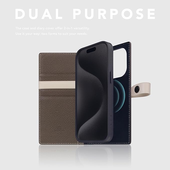 D8 Edition Full Grain Leather Wallet Case for iPhone 15 Pro - [2-in-1] Handcrafted Detachable Diary Style with Magnetic MagSafe Back Cover and Snap Closure, Gift Box Included (Etoffe Cream)-CubbioJoy