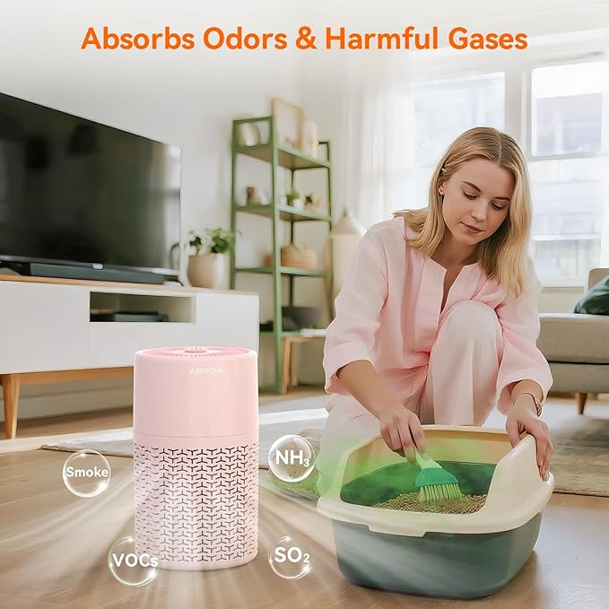 AIRROMI Pets Air Purifier for Home Allergies,Up to 660 ft².Yellow Deodorizing Activated Carbon Filter,With Fragrance Sponge for Better Sleep,Night Light,Pet Dander,Smoke,Odors,Air Cleaner A2002 Pink-CubbioJoy