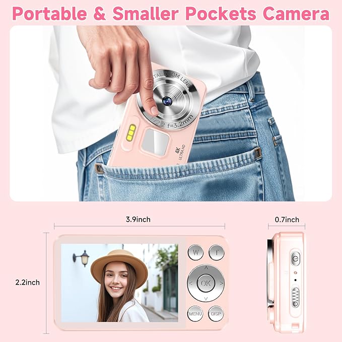 Digital Camera, Autofocus 4K 64MP Point and Shoot Digital Cameras for Teens with 64GB Card, 18X Zoom Anti-Shake Compact Video Camera for Student Kids Boys Girls Beginner - Pink-CubbioJoy