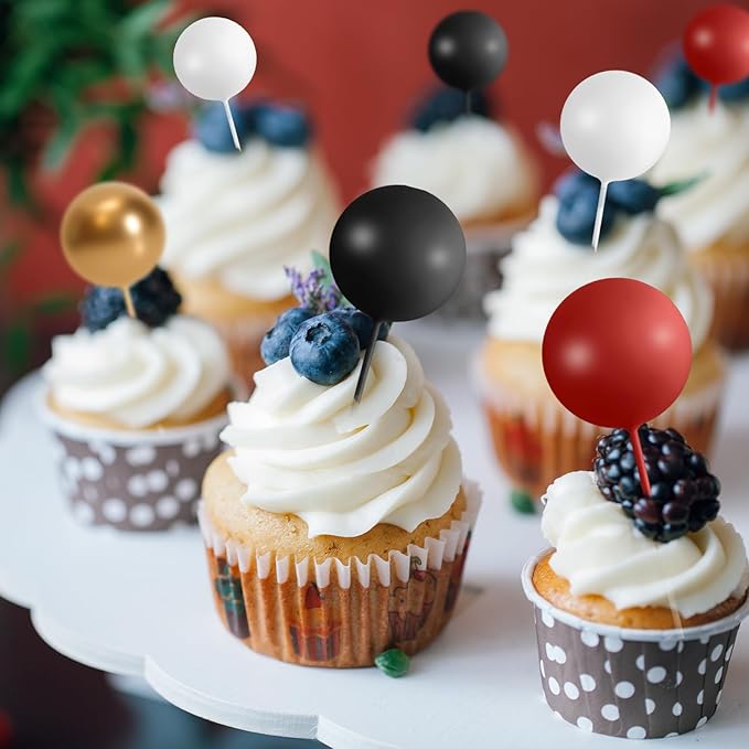 75 Pieces Cake Balls Topper Decorations Foam Cupcake Topper Mini Balloon Cake Topper Picks for Deco Birthday Party Wedding（Black, Red, Gold, White）-CubbioJoy