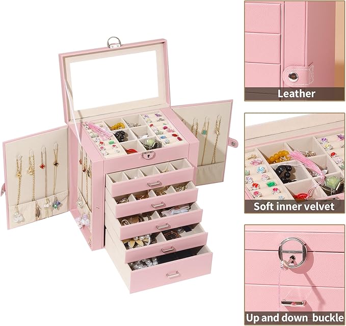 BOOVO Jewelry Box For women, 6 Layer Large Jewelry Organizer With Mirror, Multi-Function Storage Box With Lock, Accessory Holder With 5 Drawers, For Earrings Necklace Ring Bracelet (Pink)-CubbioJoy