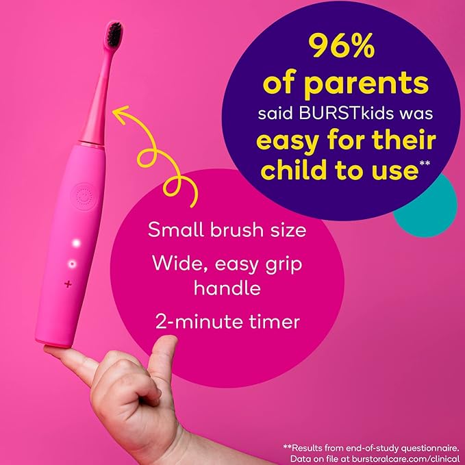 Burst Kids & Toddlers Electric Toothbrush (Purple) | Soft Bristles | Two Minute Timer | Rechargeable Battery | Easy-Grip Silicone Handle | 2 Modes for Healthy Smiles | Ages 3+-CubbioJoy