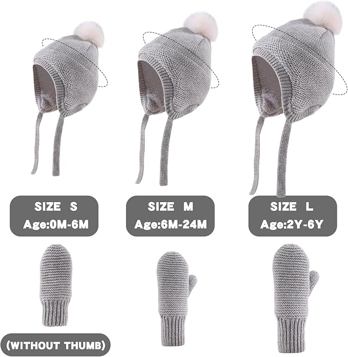 Basic Winter Baby Beanie Gloves Boys Girls Knitted Hat Pompom Kids Earflap Hats Warm Infant Toddler Beanie Mittens Set-CubbioJoy