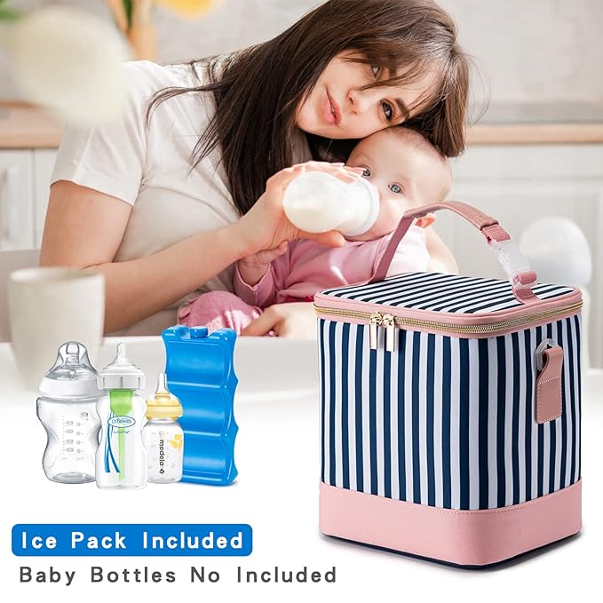 Breastmilk Cooler Bag with Ice Pack Fits 6 Baby Bottles Up to 9 Ounce, Baby Bottle Bag with Shoulder Strap for Nursing Mom Daycare, Straps-CubbioJoy
