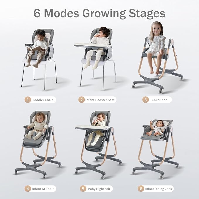 6 in 1 Convertible High Chairs for Babies and Toddlers,Portable High Chair with Dishwasher Tray and 4 Wheel,Booster Seat for Dining Table,Foldable Toddle and Baby Feeding Highchair (Gold-Grey)-CubbioJoy