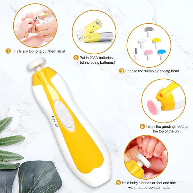 Baby Nail Trimmer Electric, 6 in 1 Baby Nail File Clippers Infant Grooming Kit Manicure Set for Toddler or Adults, Yellow-CubbioJoy
