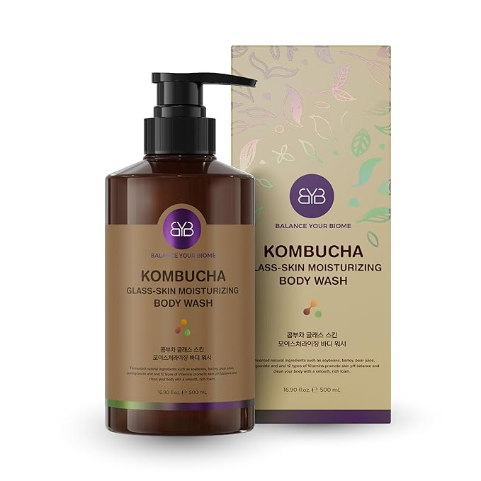 BALANCE YOUR BIOME Kombucha Glass-Skin Moisturizing Body Wash, K-Beauty,Fermented soybean, barley, Pear Juice, Pomegranates,12 Vitamins, Nurishing, Cleansing, 16.9 fl.oz.500ml, No Silicone-CubbioJoy