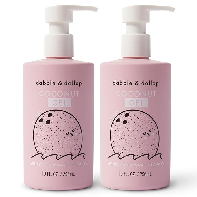Dabble & Dollop Coconut Body Wash & Shampoo – 3-in-1 Natural Bubble Bath for Kids, Made in USA, No Parabens or Sulfates, Vegan, Gluten-Free, Tear-Free (10oz, Pack of 2)-CubbioJoy