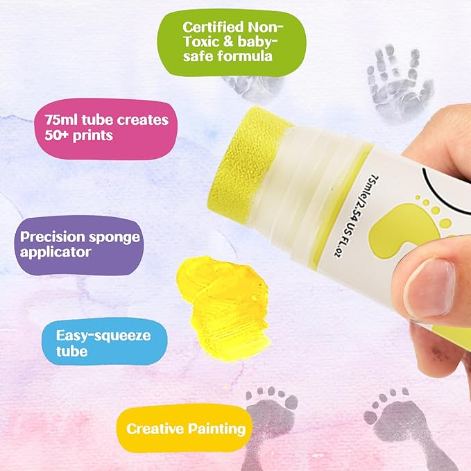 75ml Yellow Baby Hand and Footprint Ink Kit, Baby Handprint Footprint Paint for Newborn Keepsake, Dog Cat Paw Print Kit, Washable, Non Toxic Acid-Free, Safe Gentle for Ideal New Mom Gifts-CubbioJoy