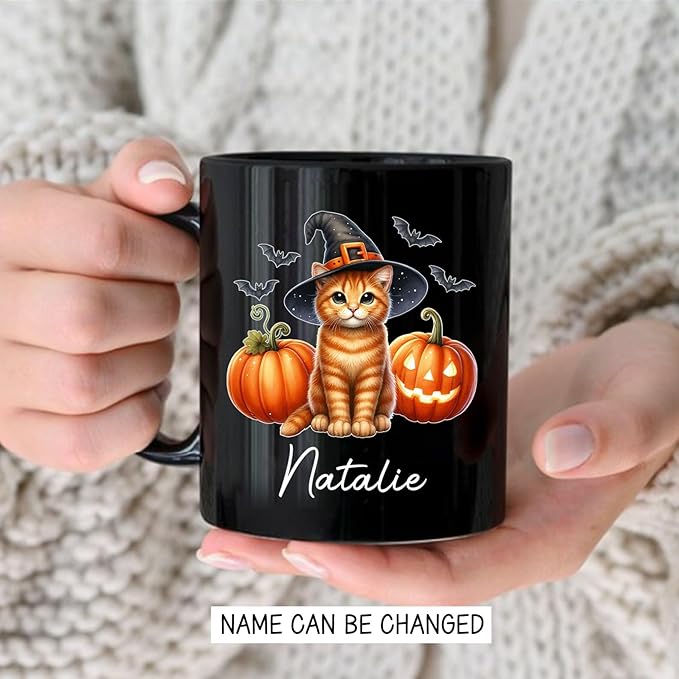 Custom Halloween Orange Tabby Coffee Cup, Personalized Name Orange Tabby with Pumpkins Ceramic Mug, Cat Witch Pumpkin Mug 11oz 15oz, Pet Cat Halloween Black Cup, Gift Idea for Pet Enthusiast-CubbioJoy