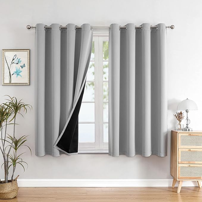 ChrisDowa 100% Blackout Curtains for Bedroom with Black Liner, 2 Thick Layers Total Blackout Thermal Insulated Grommet Small Window Curtains 54 Inch Long 2 Panels Set (Light Grey, 52 x 54 Inch)-CubbioJoy