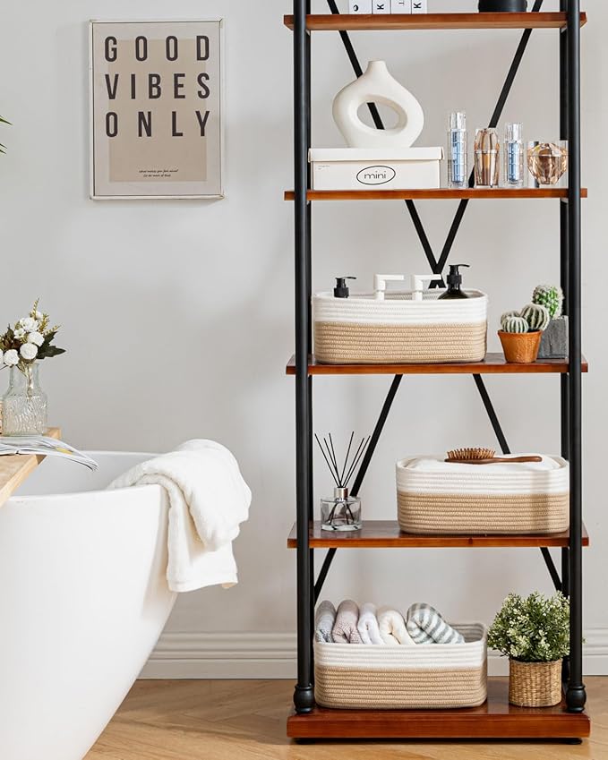 KALLAX Small Woven Basket, 13.5 x 9.5 x 5 Inches, Storage Basket for Organizing, Cute Small Rope Shelf Closet Cube Storage Bins Baskets for Shelves, Dog Toy Gift Baskets Empty, 3 Pack White & Brown-CubbioJoy