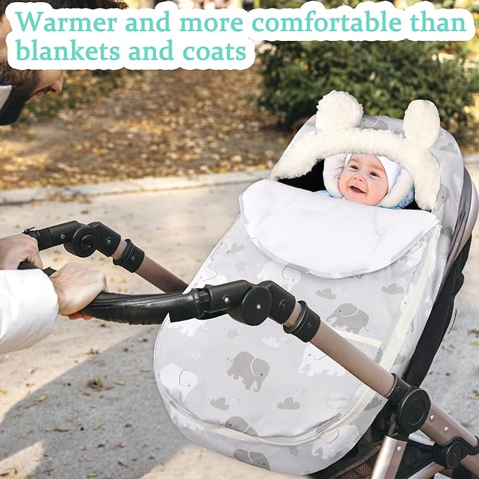 Carseat Cover Boys, Winter Cozy & Warm Cover, Elephant Baby Car Seat Cover, Infant Car Seat Canopy, Ultra-Soft Breathable Protect Baby from Cold Wind, Zipped Removable Design-CubbioJoy