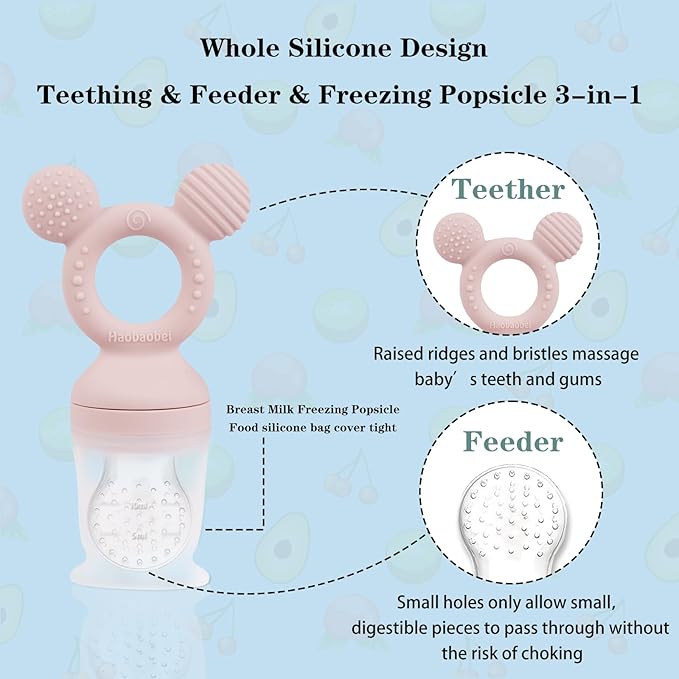 Baby Fruit Feeder, Frozen Teething Toys, Teether Pacifier with 3 Extra Teats, Infant Eating Essentials, BPA Free Baby Feeding Supplies (Pink)-CubbioJoy