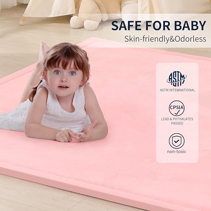 ACOMOPACK Baby Play Mat for Floor 1.3" Thick Memory Foam Play Mat 79"×118" Tummy Time Crawling with Non-Slip Bottom for Living Room,Nursery,Soft Velvet Playpen Mats for Kids,Infants（Pink）-CubbioJoy