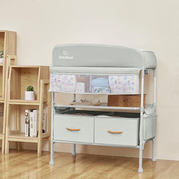 BabyBond Portable Baby Changing Table with 2 Storage Baskets, Foldable Changing Table Dresser Waterproof Diaper Changing Table Height Adjustable Changing Station for Infant and Newborn(Beige)-CubbioJoy
