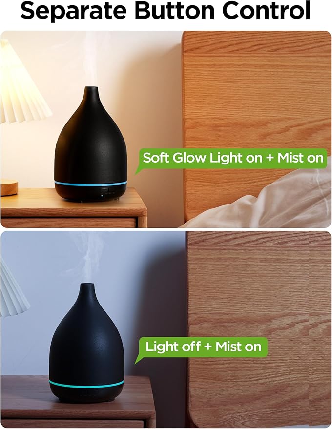 InnoGear Oil Diffuser, 300ML Ceramic Diffuser for Essential Oils Handcrafted Aromatherapy Diffuser Ultrasonic Cool Mist Humidifier with 4 Timers Waterless Auto Off for Room Office, Black-CubbioJoy